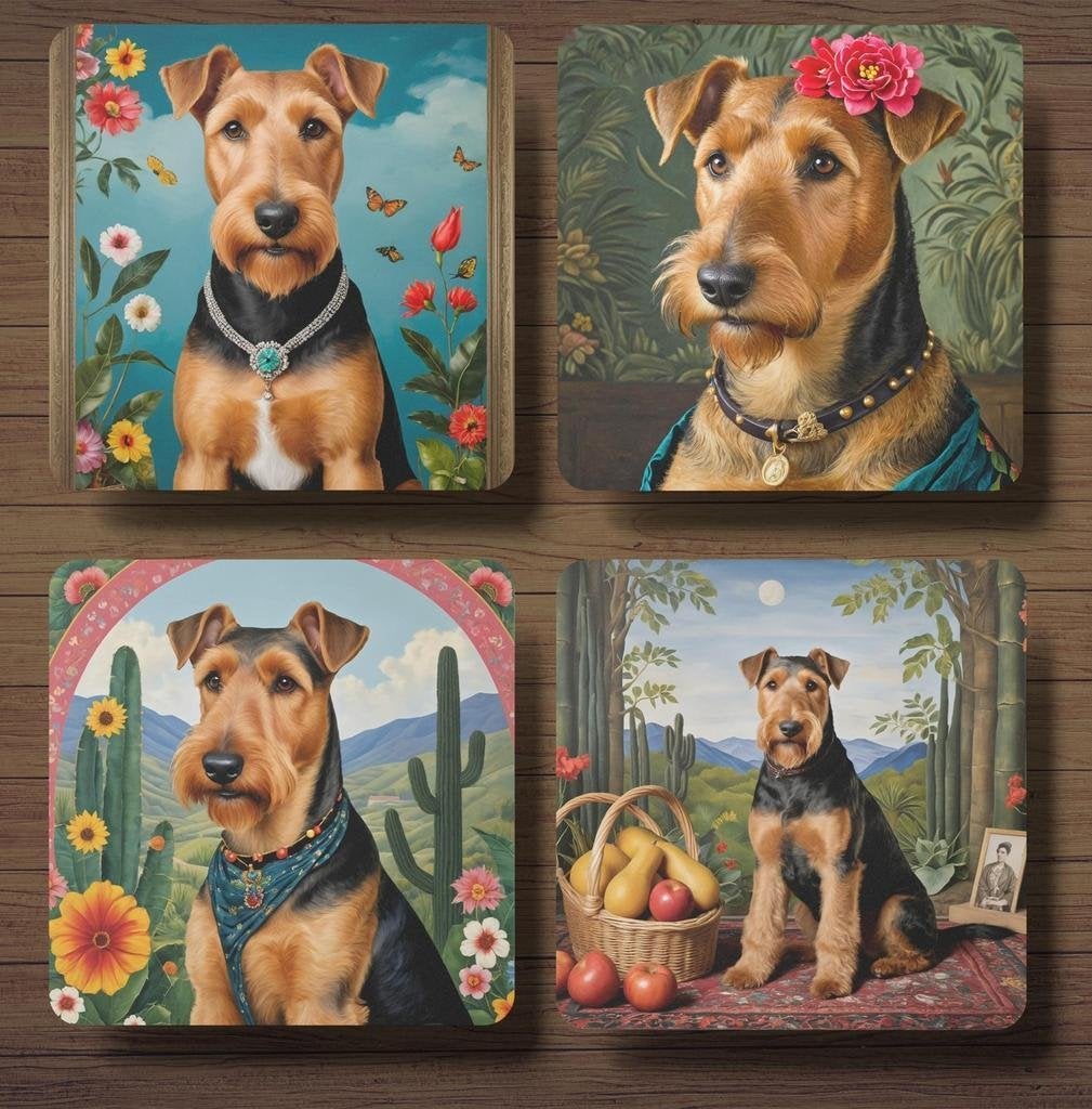 Airedale Terriër Frida Kahlo onderzetters met houder, Ophalen of Verzenden, Nieuw