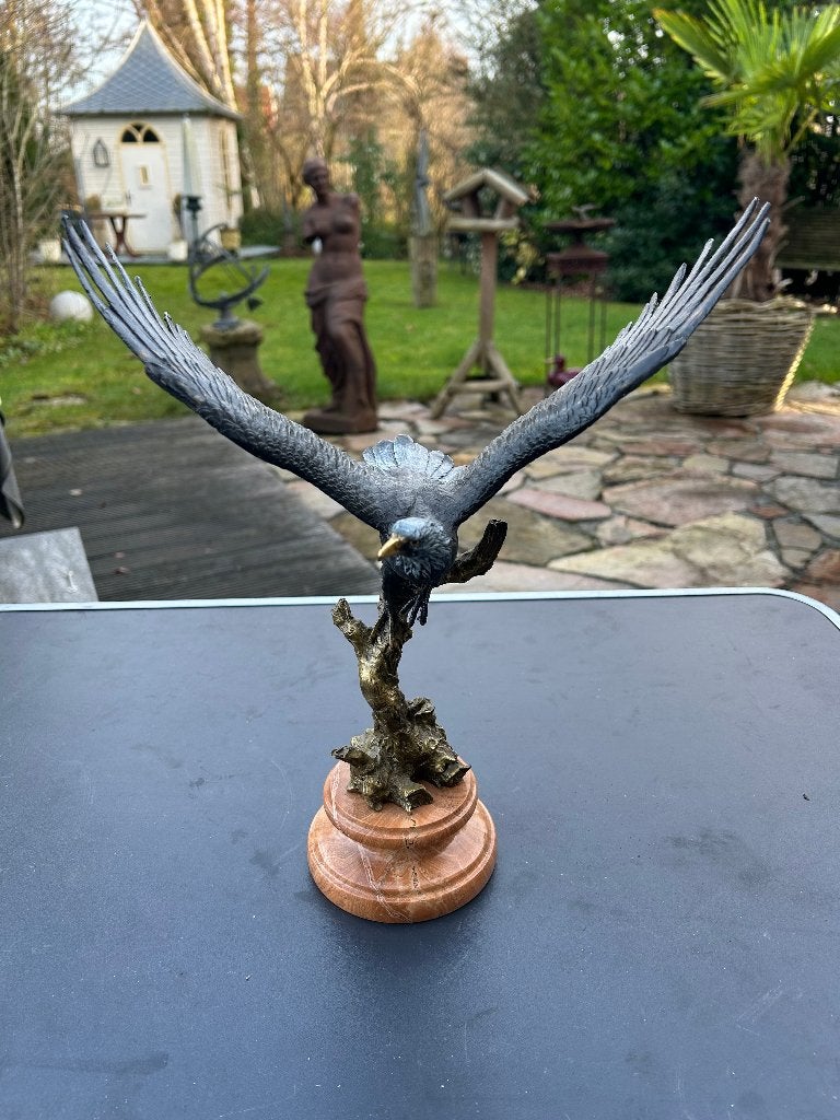Bronzen sculptuur van een Adelaar op Houten voet, sign Juno, Ophalen of Verzenden, Brons