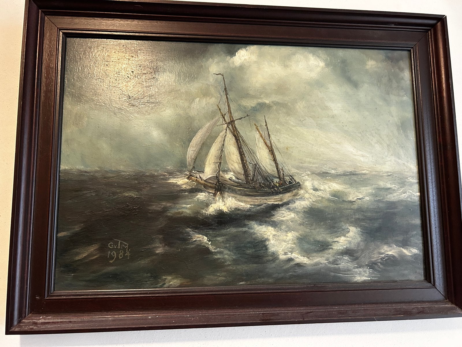 Zeilschip op woelige baren, Maritiem / water, Gedateerd, Doek, Realistisch