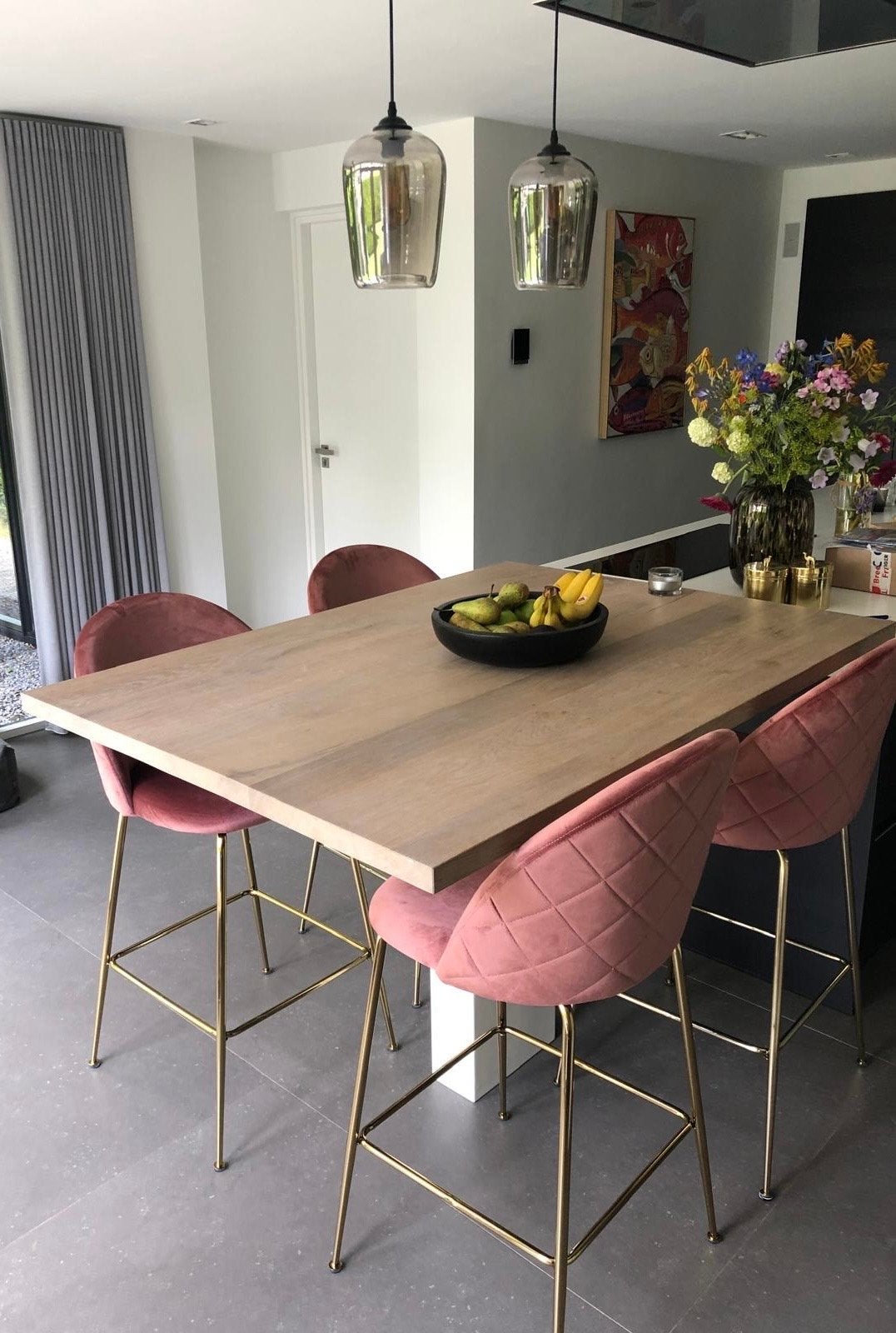 Set van 6 roze fluwelen barkrukken met gouden onderstel, 5 krukken of meer, Ophalen, Gebruikt, 60 tot 90 cm
