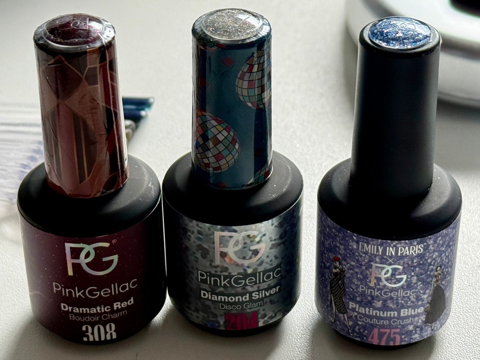 3x Pink Gellac 15 ml zilver rood en blauw glitter, Overige kleuren, Ophalen of Verzenden, Zo goed als nieuw, Handen en Nagels