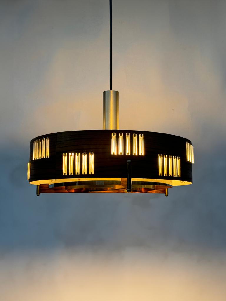 Mid Century Modern UFO Teak Space Age Hanglamp Deens Design, Ophalen of Verzenden, Zo goed als nieuw, Hout, Minder dan 50 cm