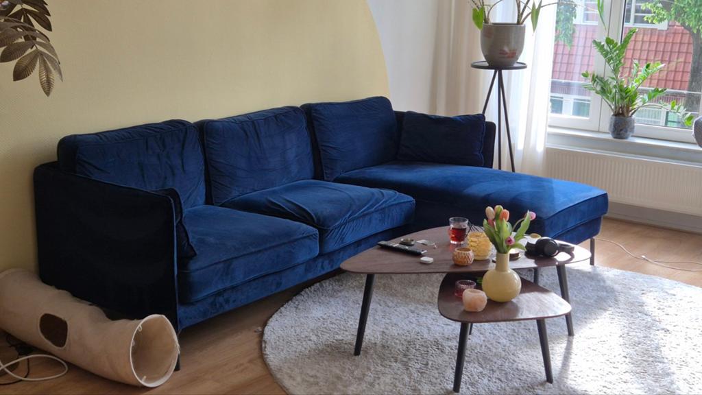 3 zits bank met chaise longue / hoekbank donkerblauw velvet, Ophalen, 250 tot 300 cm, Minder dan 75 cm, Hoekbank