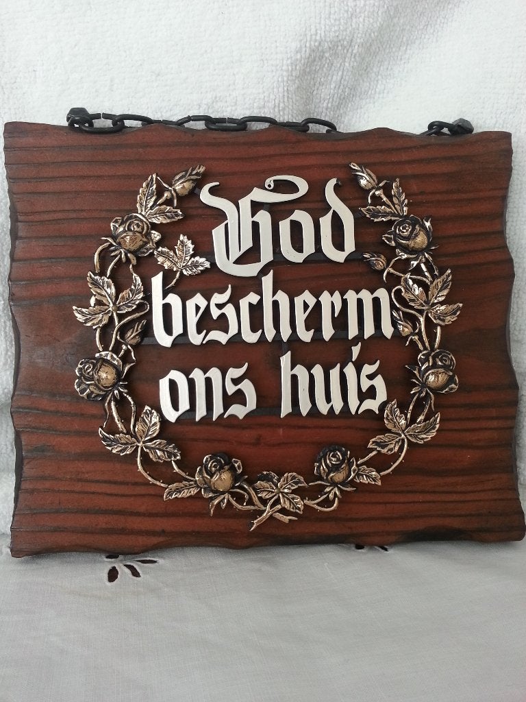 Houten paneeltje met religieuze tekst sixties, Ophalen of Verzenden, Zo goed als nieuw