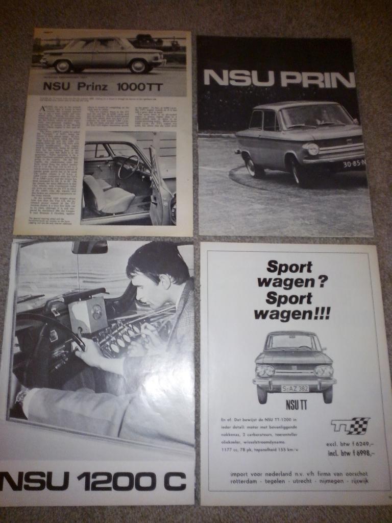 NSU TT + NSU 1200 C + Prinz 1000 TT + 4 L advertenties tests, Ophalen of Verzenden, Zo goed als nieuw, Overige merken