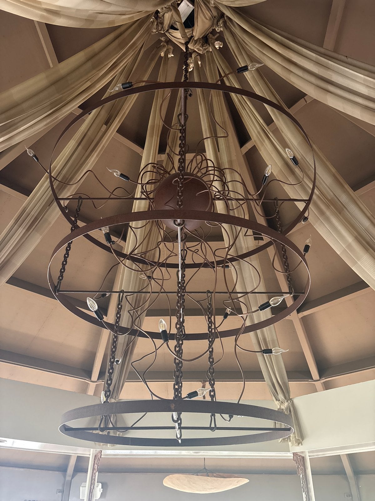 Unieke grote kroonluchter met 2 ringen en veel lichtpunten, Ophalen, Gebruikt, Metaal, E14 (klein)