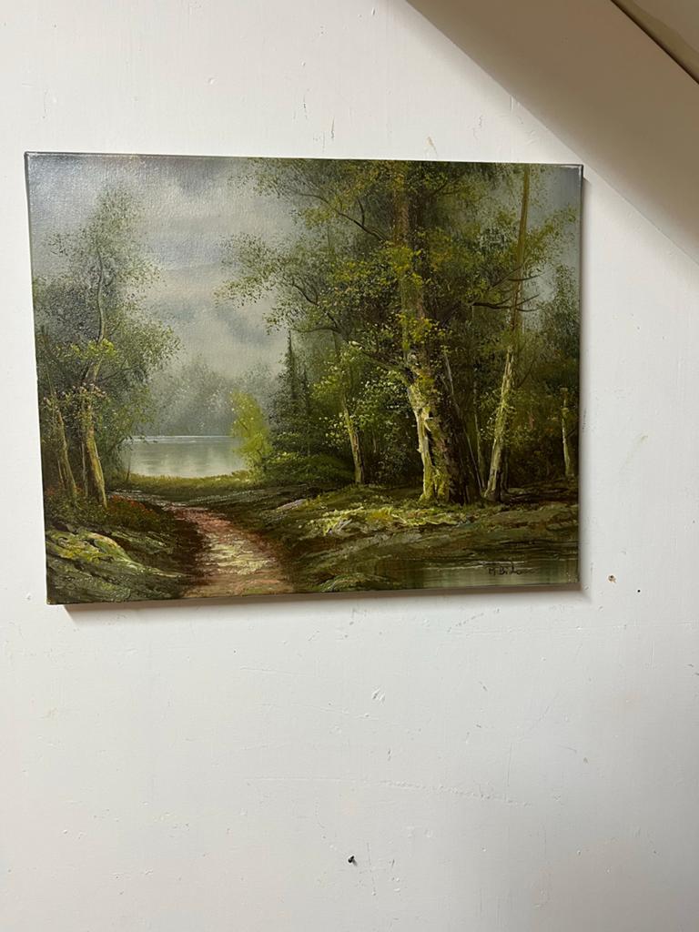 Klassiek Gesigneerd Schilderij: Boslandschap aan het Water, Ophalen of Verzenden