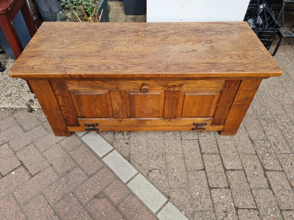 Antieke eikenhouten kist/bankje met opbergruimte, Ophalen, Gebruikt, 100 tot 150 cm, 50 tot 75 cm