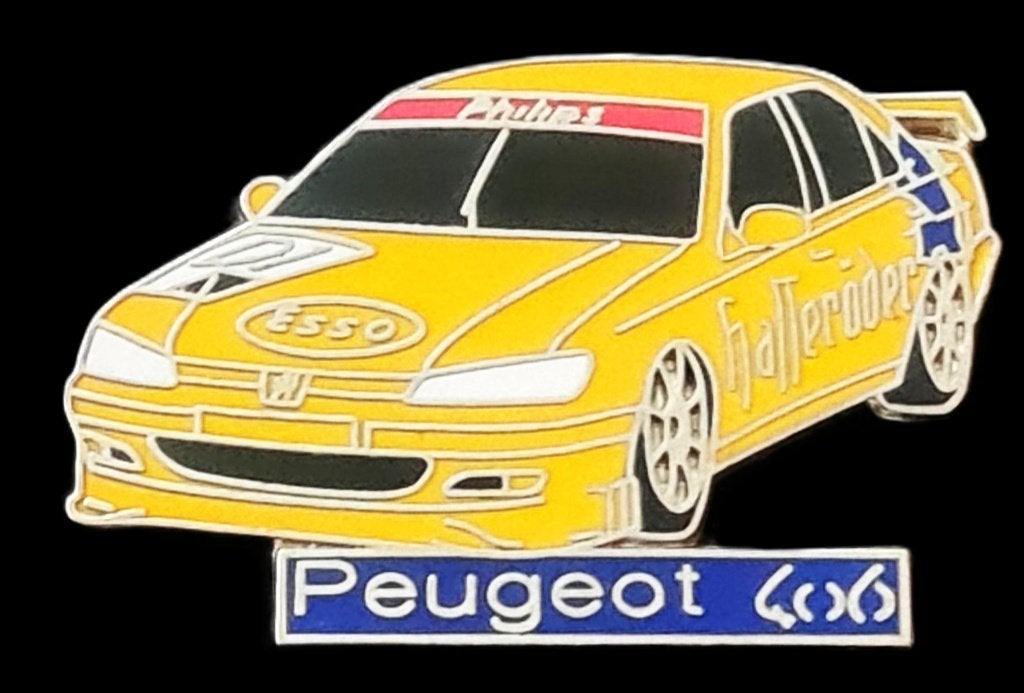 Peugeot 406 geelblauw emaille, Verzamelen, Ophalen of Verzenden, Nieuw, Transport, Speldje of Pin