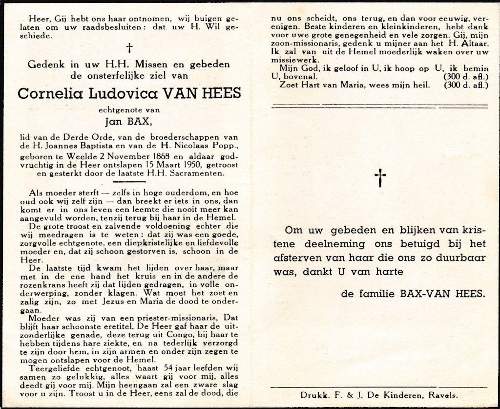 Hees Cornelia 1868 Weelde 1950, Ophalen of Verzenden, Bidprentje