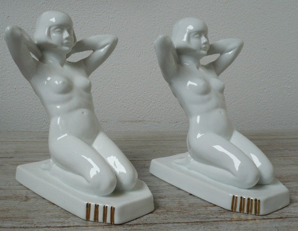 art nouveau porseleinen boekensteunen naakte vrouwfiguren, Antiek en Kunst, Art nouveau, Ophalen of Verzenden, Handgemaakt, 20 - 50 cm