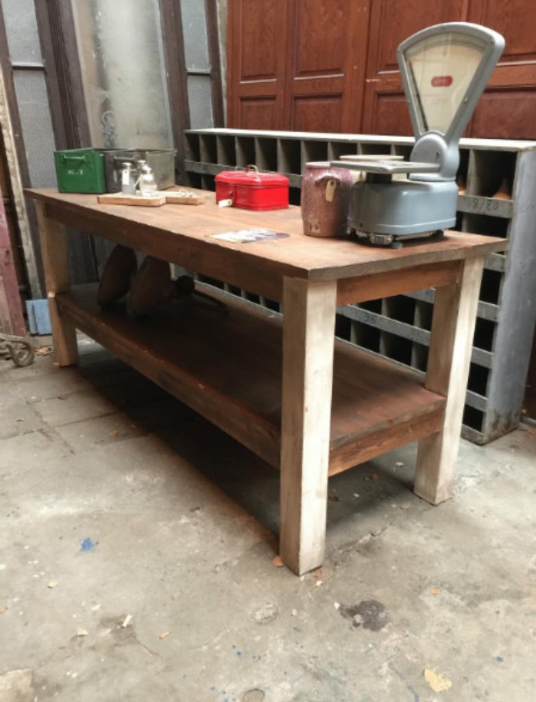 werktafel oude werkbank keukeneiland robuuste meubel tafel, Ophalen of Verzenden, Gebruikt, 170 cm of meer