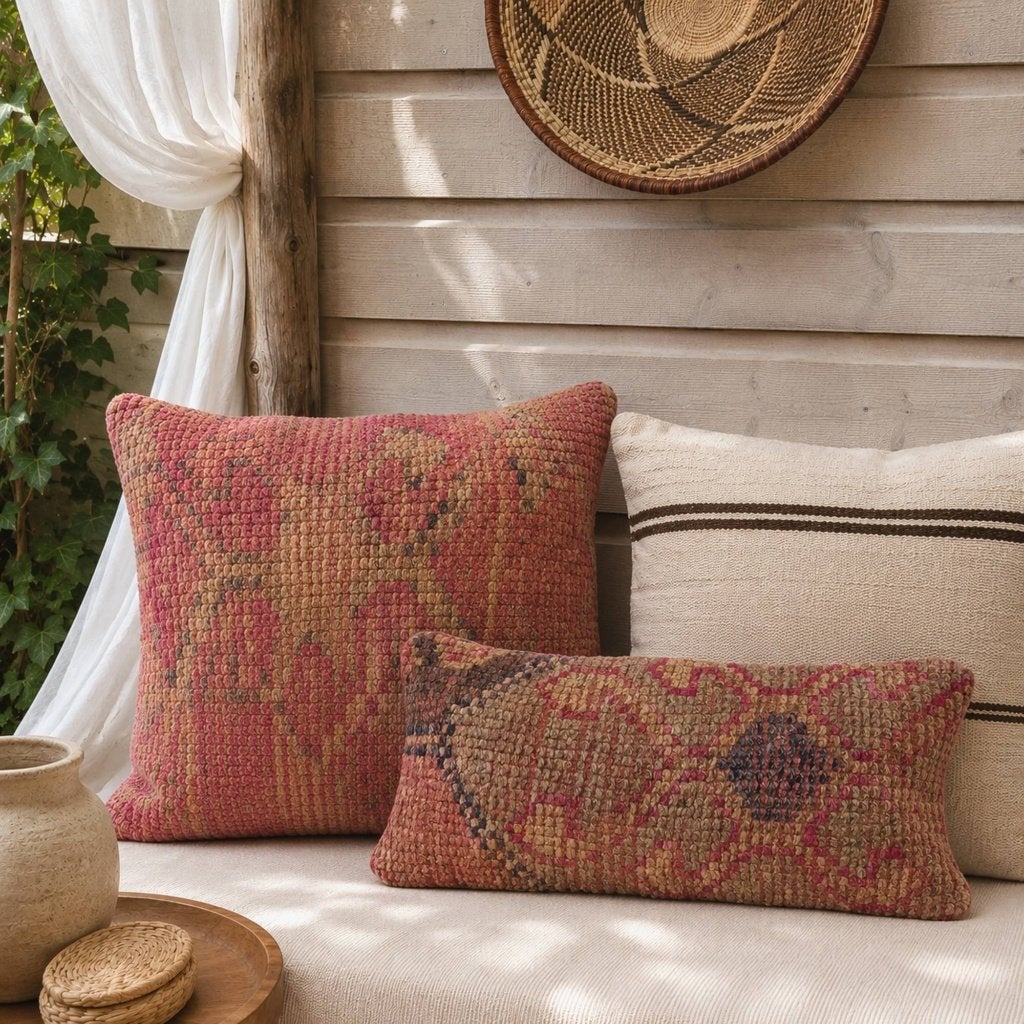 Kelimkussen 30x60 vintage boho framboos oranjeroze bruin, Verzenden, Handgemaakt, Sierkussen, Vlindermeent 41 Hilversum