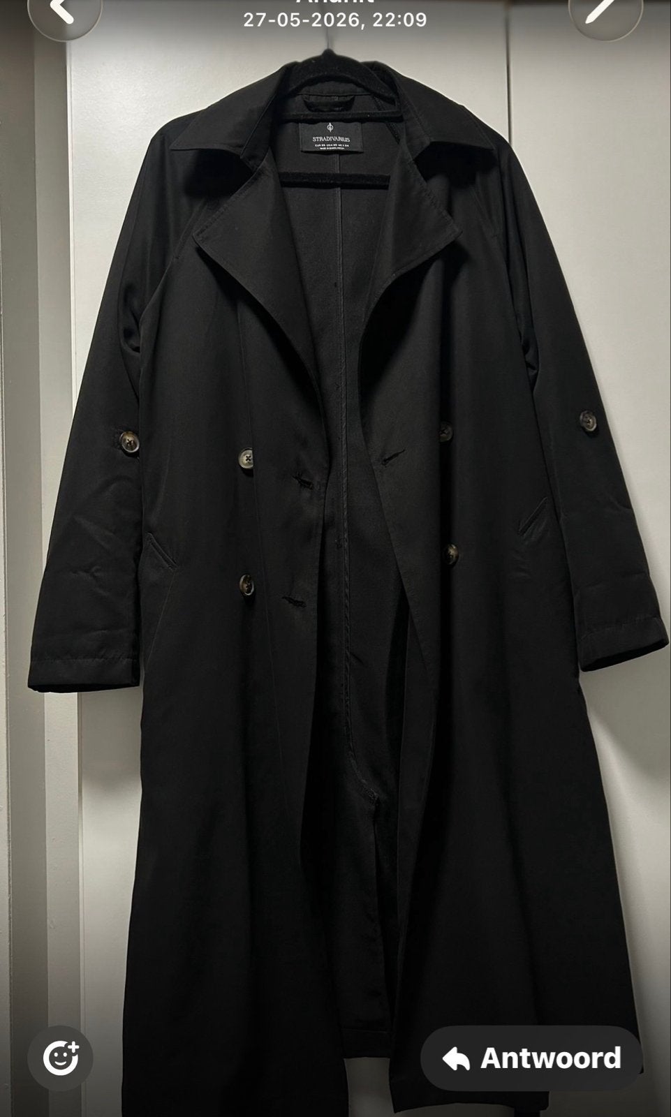 Stradivarius Zwarte Trenchcoat - Maat XS, Ophalen of Verzenden, Zo goed als nieuw, Maat 34 (XS) of kleiner, Zwart