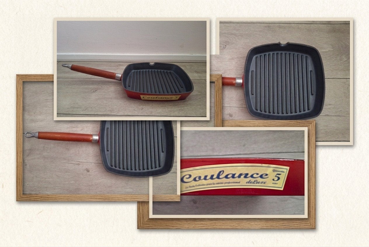Vintage Coulance Deluxe 5 Gietijzeren Grillpan Rood, Koekenpan, Gebruikt, Gietijzer, Ophalen of Verzenden