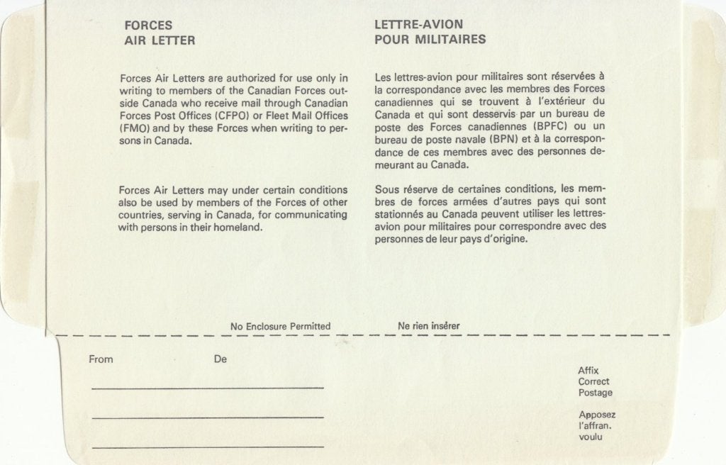 Canada Forces Air Letter via CFPO en FMO ongebruikt, Ophalen of Verzenden, Overige typen