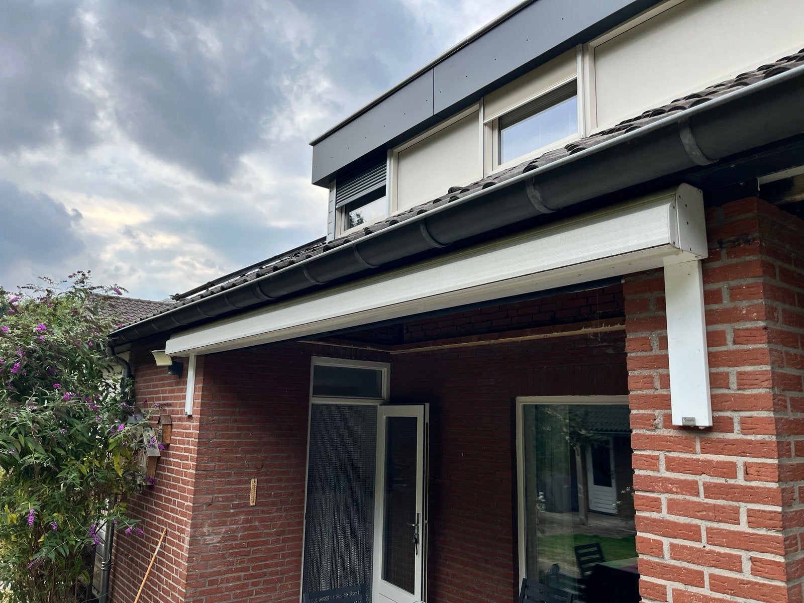 Elektrisch Knikarm Zonnescherm - Groen/Wit gestreept, Tuin en Terras, Zonneschermen, Ophalen, Gebruikt, 450 cm of meer, Elektrisch
