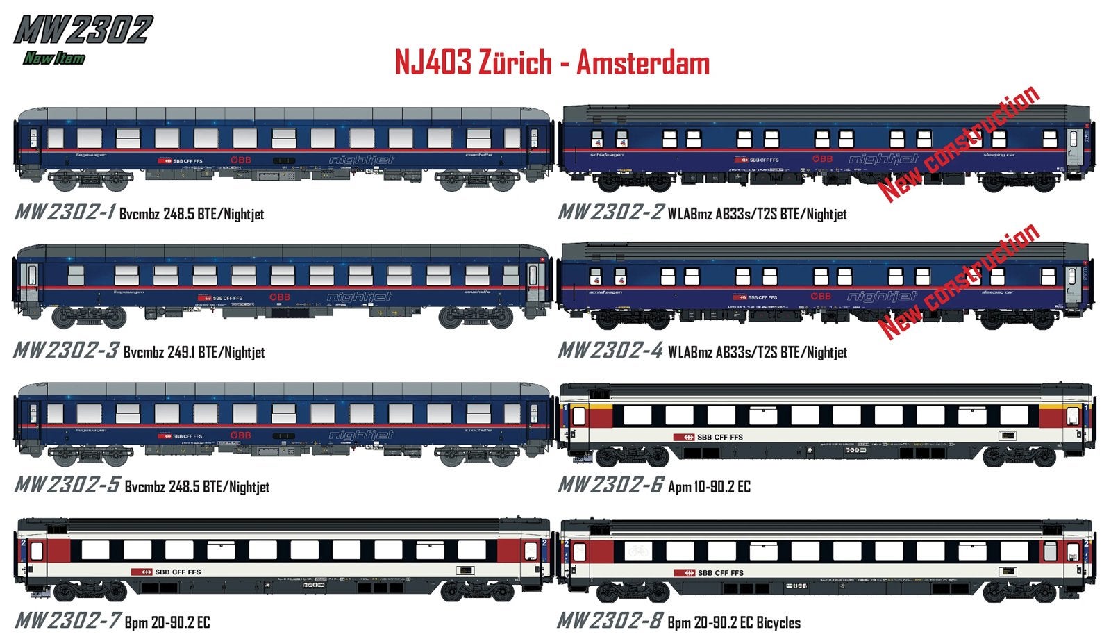 LS Models Modelsworld MW 2302 - 8er Set ÖBB Nightjet NJ 403, Treinset, Gelijkstroom of Wisselstroom, Nieuw, Analoog