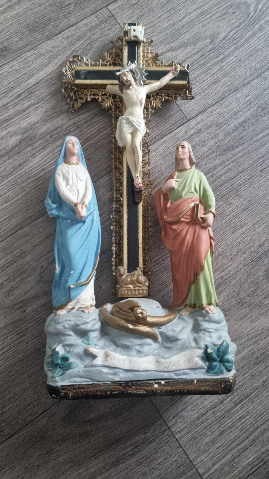 Oud religieus beeld: Kruisiging met Maria en Johannes, Ophalen of Verzenden