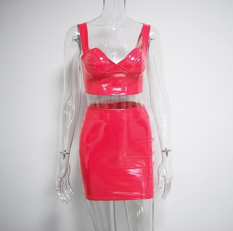 Roze lak leren rok en top setje leer glimmende sexy dames, Kleding | Dames, Maat 38/40 (M), Verzenden, Nieuw, Roze