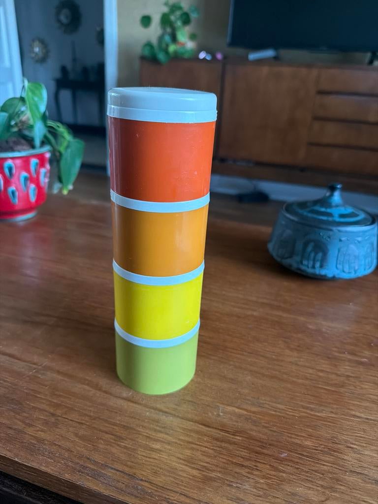 Vintage Tupperware stapelpotjes strooibus set, Ophalen of Verzenden, Gebruikt, Oranje, Bus of Trommel