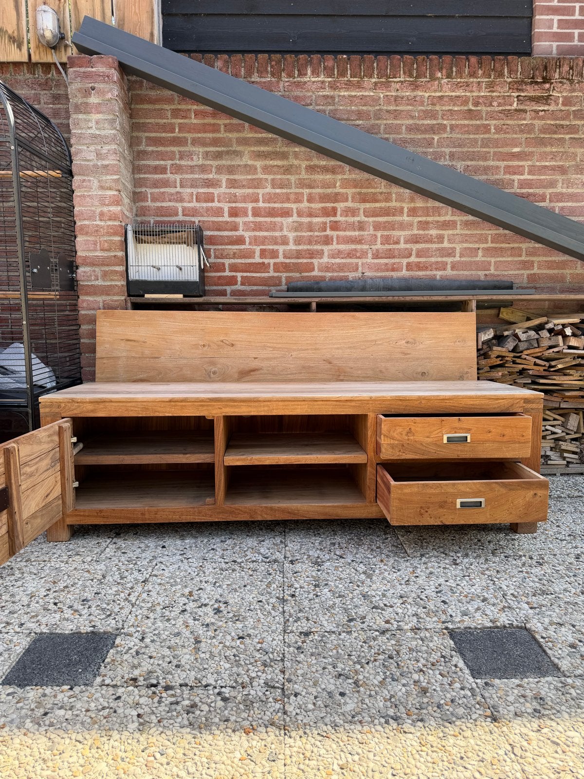 Massief Teak TV Meubel met Opbergruimte, Ophalen, Gebruikt, 100 tot 150 cm, Teakhout