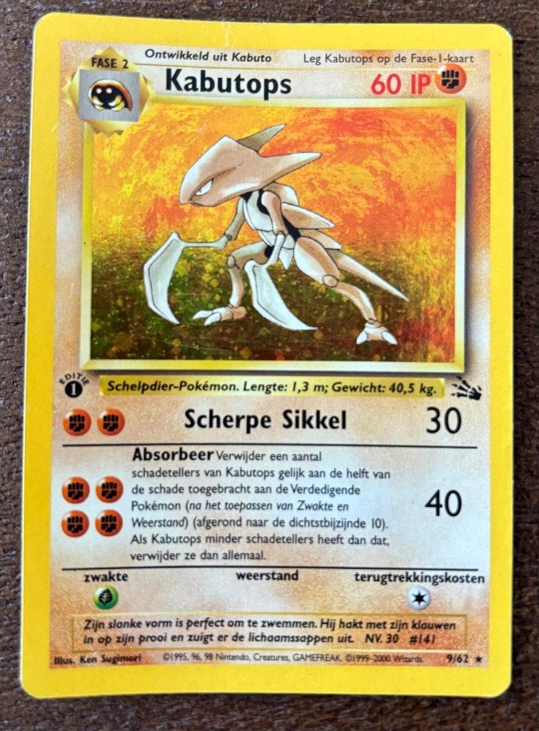 Kabutops 9/62 1st edition Pokémon kaart, Hobby en Vrije tijd, Verzamelkaartspellen | Pokémon, Verzenden, Gebruikt, Losse kaart