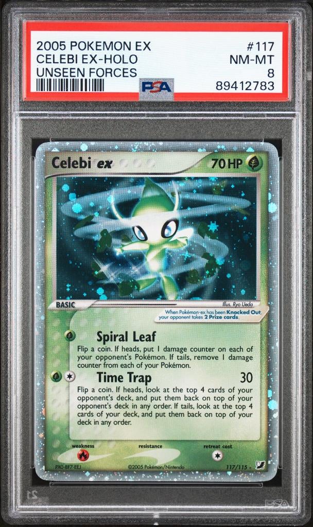 2005 Pokemon Ex Unseen Forces #117 Celebi EX Holo PSA 8, Ophalen of Verzenden, Zo goed als nieuw, Losse kaart