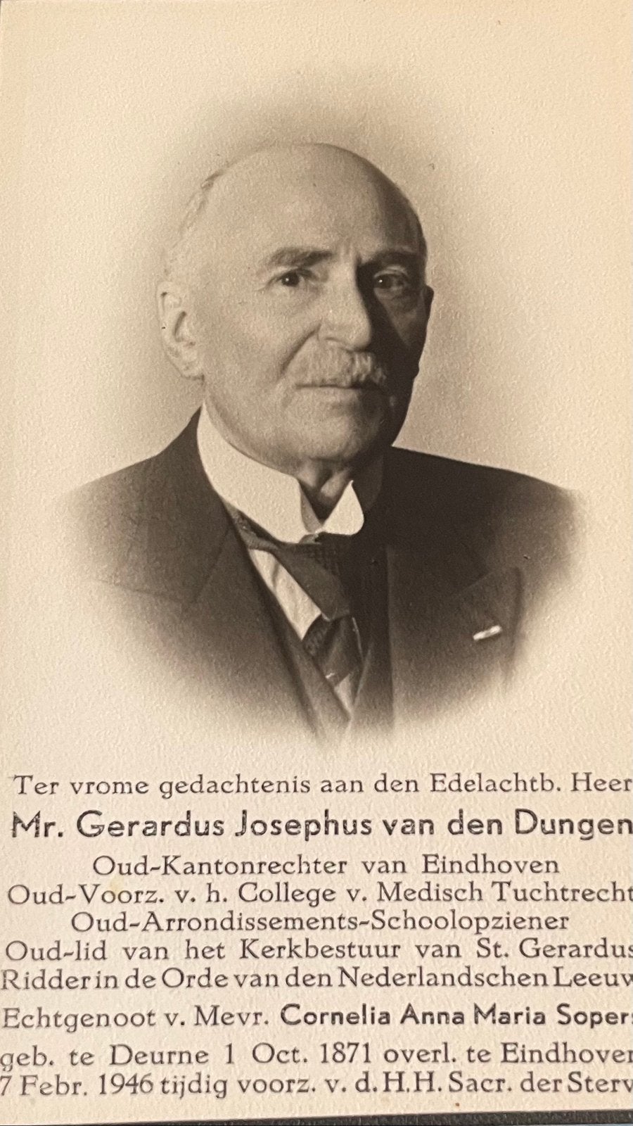 Mr Gerardus Josephus van den Dungen 1871 Den Dungen, Verzamelen, Bidprentjes en Rouwkaarten, Ophalen of Verzenden