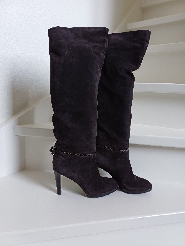 SERGIO ROSSI LAARZEN MT 39 ZWART SUEDE LEER Z.G.A.N.+DUSTBAG, Hoge laarzen, Zwart, Ophalen of Verzenden, Zo goed als nieuw
