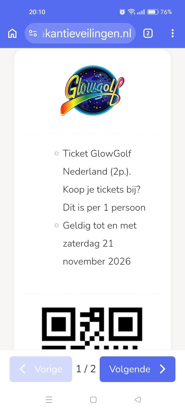 glowgolf ticket 1 persoon, Losse kaart, Eén persoon, November