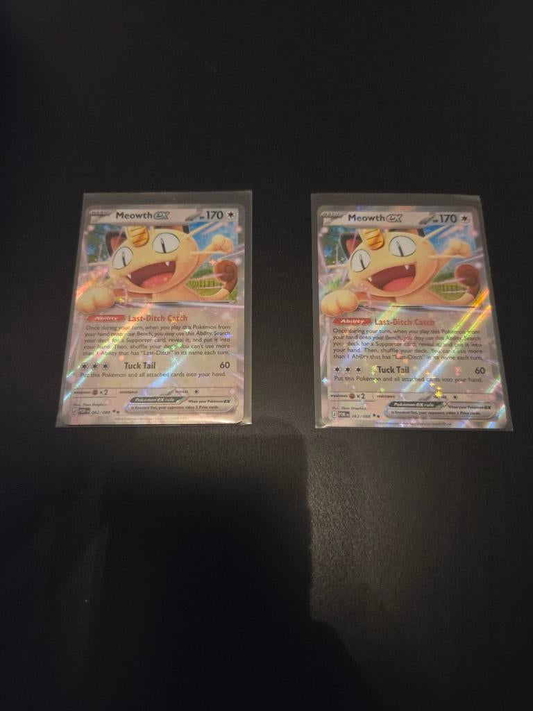 2x Meowth ex 062/088 Pokémon kaart ook ps te koop, Ophalen of Verzenden, Zo goed als nieuw, Losse kaart, Foil