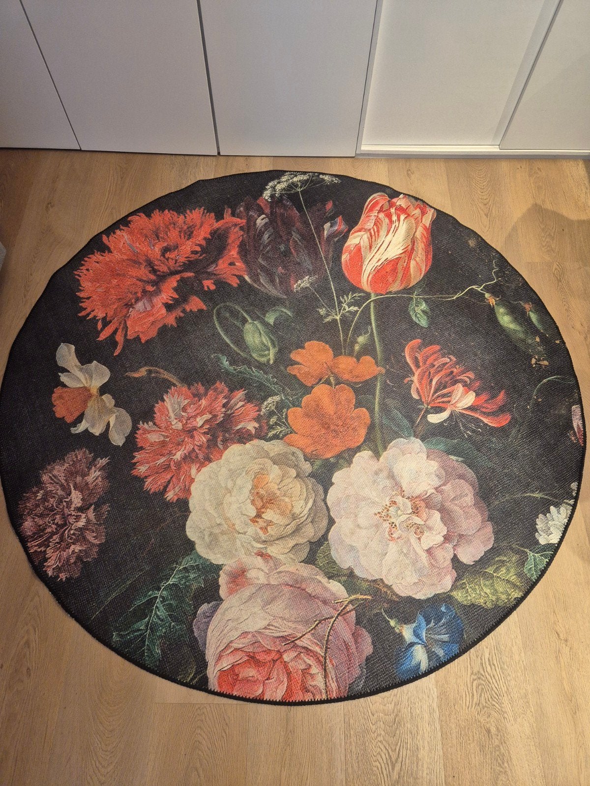 Rond Vloerkleed Bloemenprint 180x180 cm, 150 tot 200 cm, Rond, Zo goed als nieuw, Bloemenprint, Klassiek, Modern