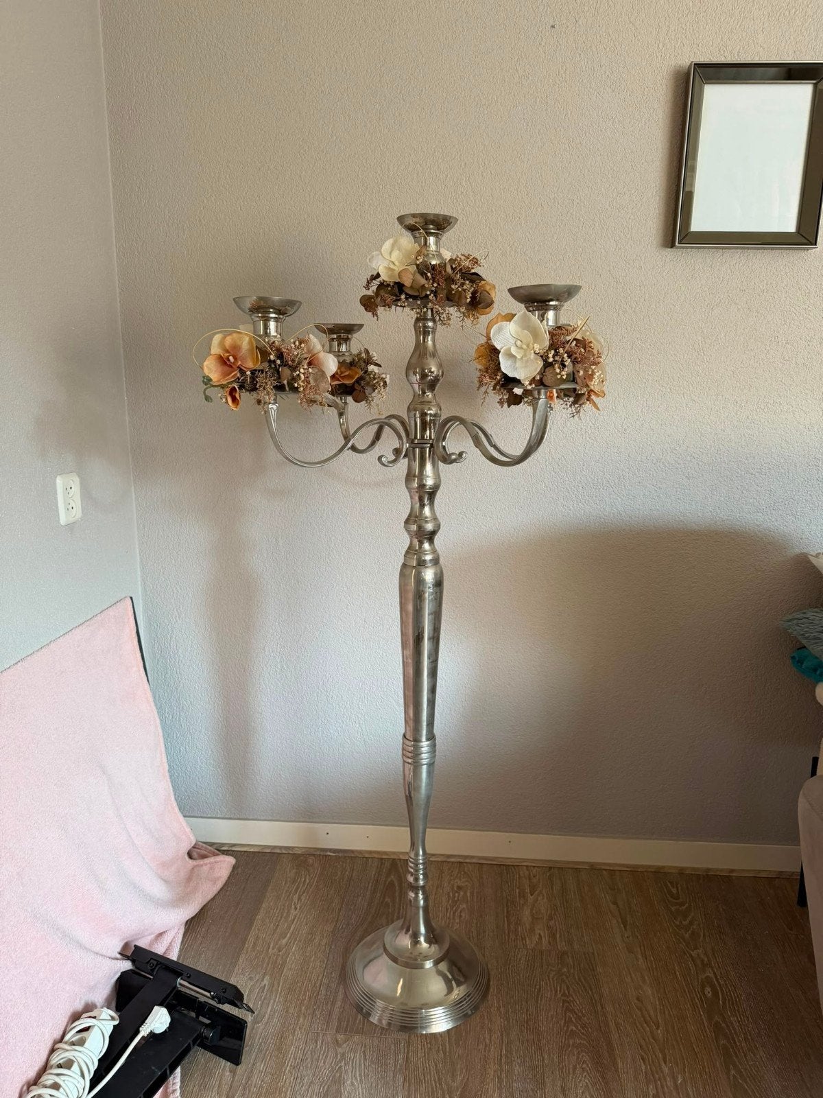 Grote zilverkleurige kandelaar, 125 cm, voor 5 kaarsen, Ophalen, Gebruikt, Metaal, Kandelaar