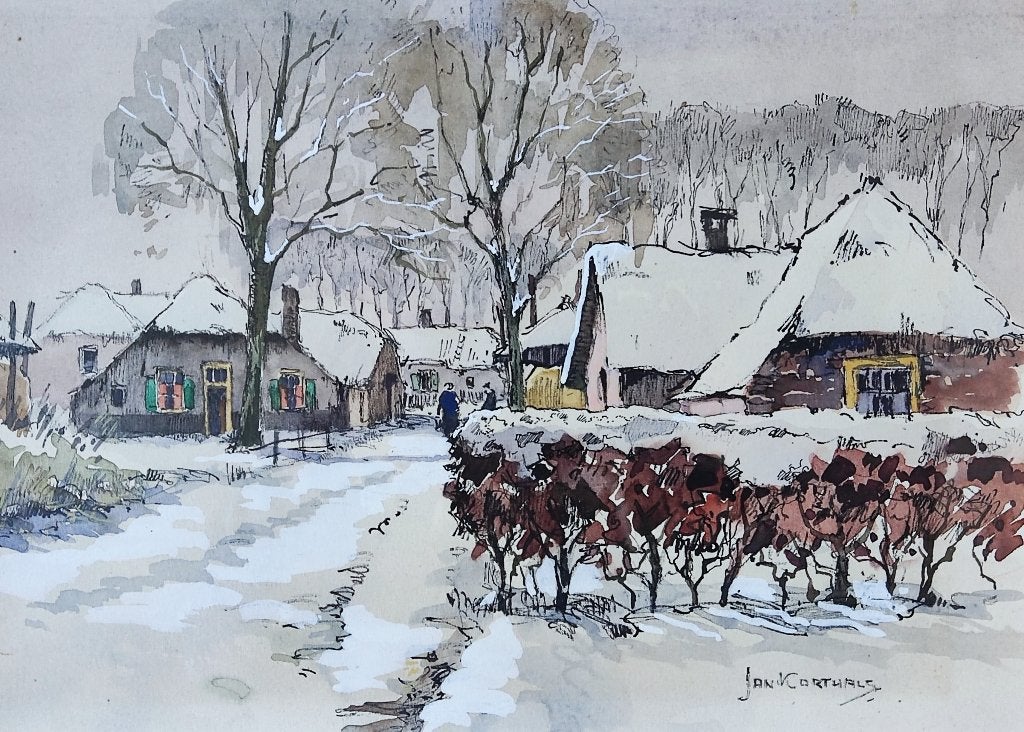 Jan Korthals (1916-1972) - Dorpsgezicht in de sneeuw, Ophalen of Verzenden, Schilderij, Aquarel, Handgemaakt