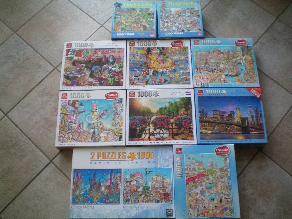 Partij van 10 puzzels van 1000 stukjes. KING en That's Life., Ophalen of Verzenden, 500 t/m 1500 stukjes, Zo goed als nieuw, Legpuzzel