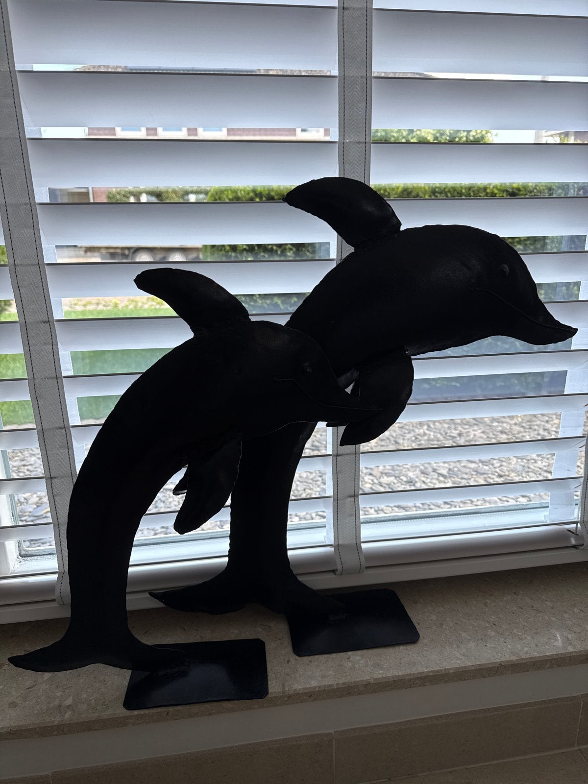 Decoratieve dolfijnen sculpturen - Zwart metaal, Zwart, Ophalen of Verzenden, Zo goed als nieuw, Metaal