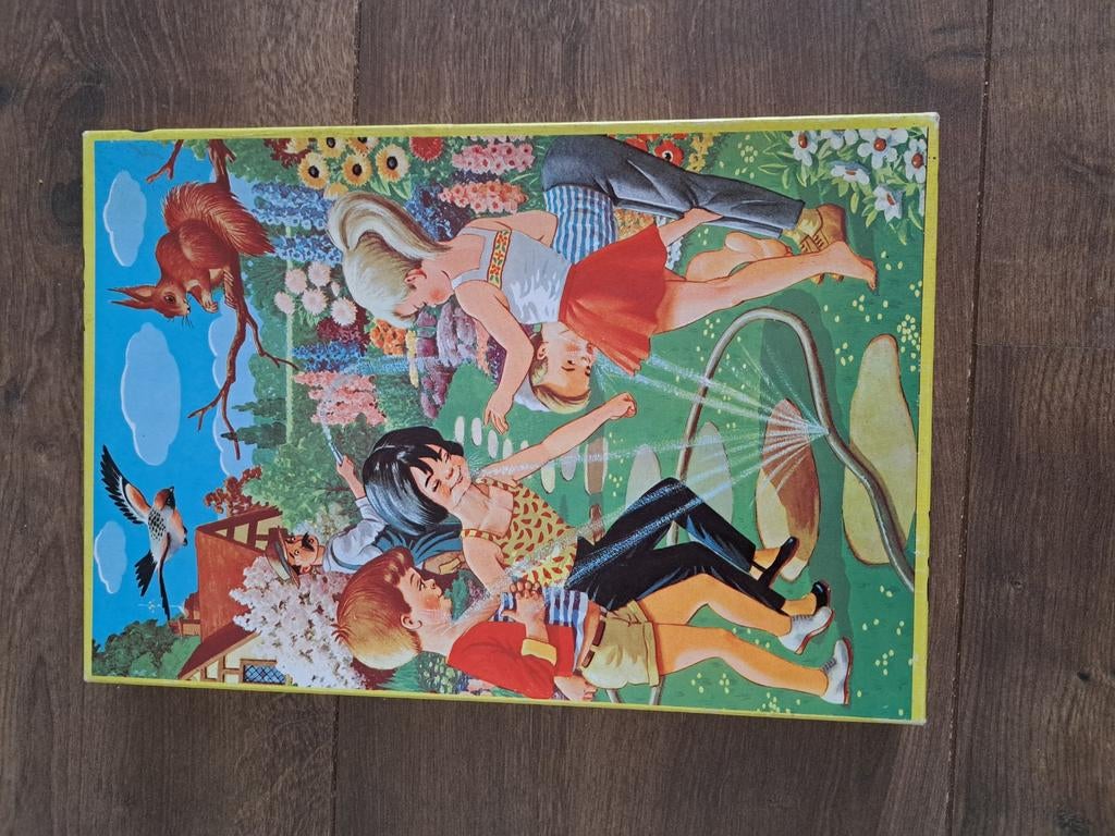 Vintage Houten Legpuzzel Spelende Kids Pin-kwin product, Gebruikt, 10 tot 50 stukjes, Ophalen of Verzenden, Van hout