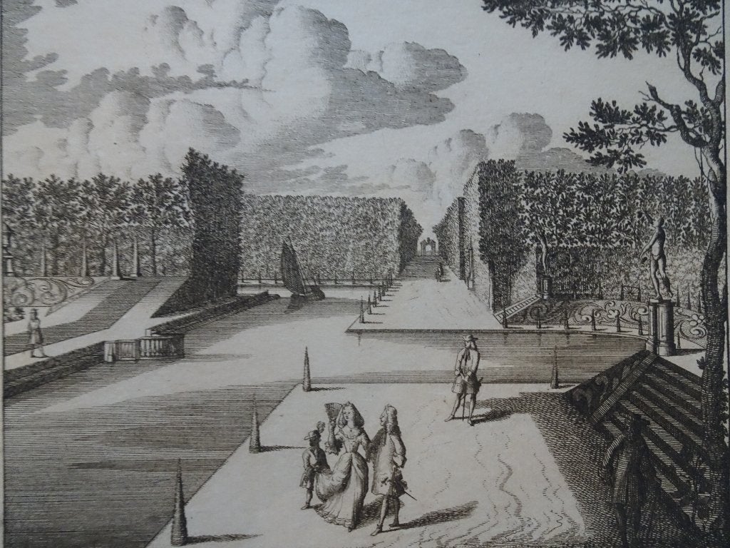 Gravure zicht op tuin huis Sion RijswijkBuiten Delfland 1750, Ophalen of Verzenden, Gravure, Origineel, Landschap