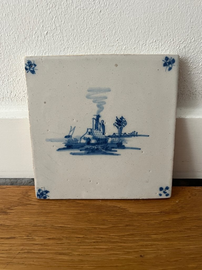 Antiek Delfts blauwe tegel huis met rook, Ophalen of Verzenden