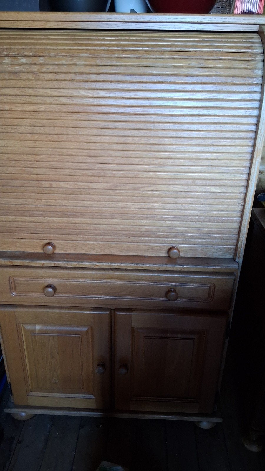 Houten rolluikkast met lades en deuren, Huis en Inrichting, Ophalen, Gebruikt, Met lade(s), 50 tot 100 cm