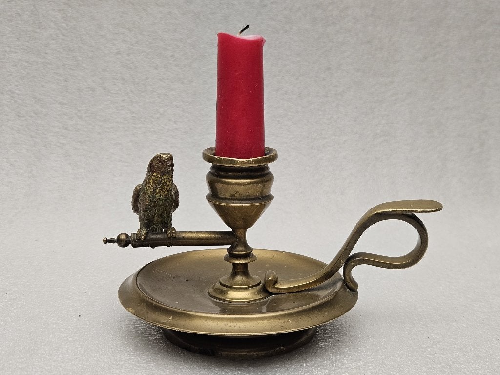 Mooie zware , antieke Handkandelaar ( blaker met vogel ), Ophalen of Verzenden, Koper of Brons