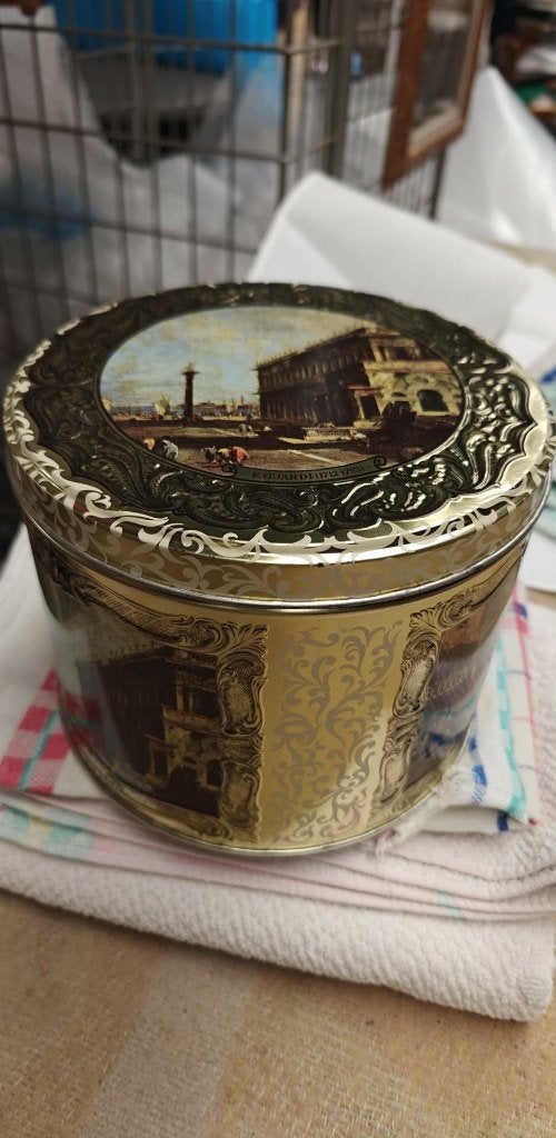 blik koekjesdoos print Venetie 1712 cilindervorm, Ophalen of Verzenden, Zo goed als nieuw, Beschuit, Overige merken
