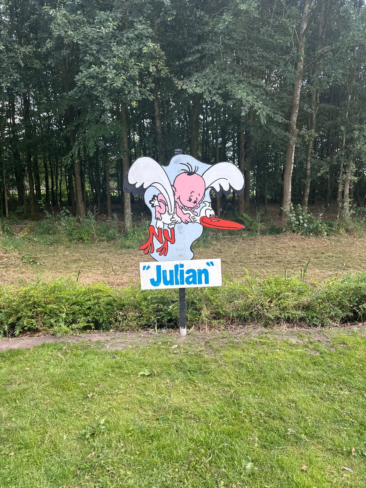 Geboortebord voor in de tuin - Ooievaar met baby 'Julian', Kinderen en Baby's, Kraamcadeaus en Geboorteborden, Ophalen, Gebruikt