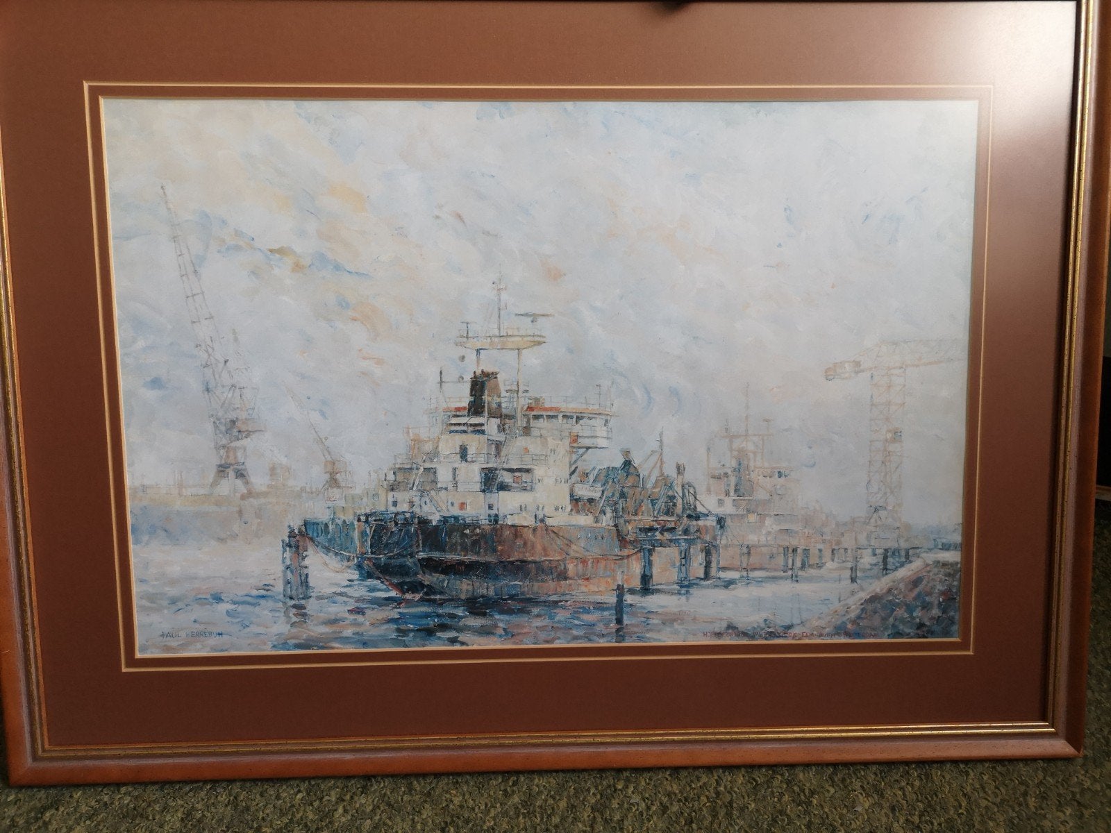 Schilderij (repro) Haven Rotterdam - Paul Kerrebijn, Antiek en Kunst, Ophalen, Maritiem / water, Realistisch, Aquarel