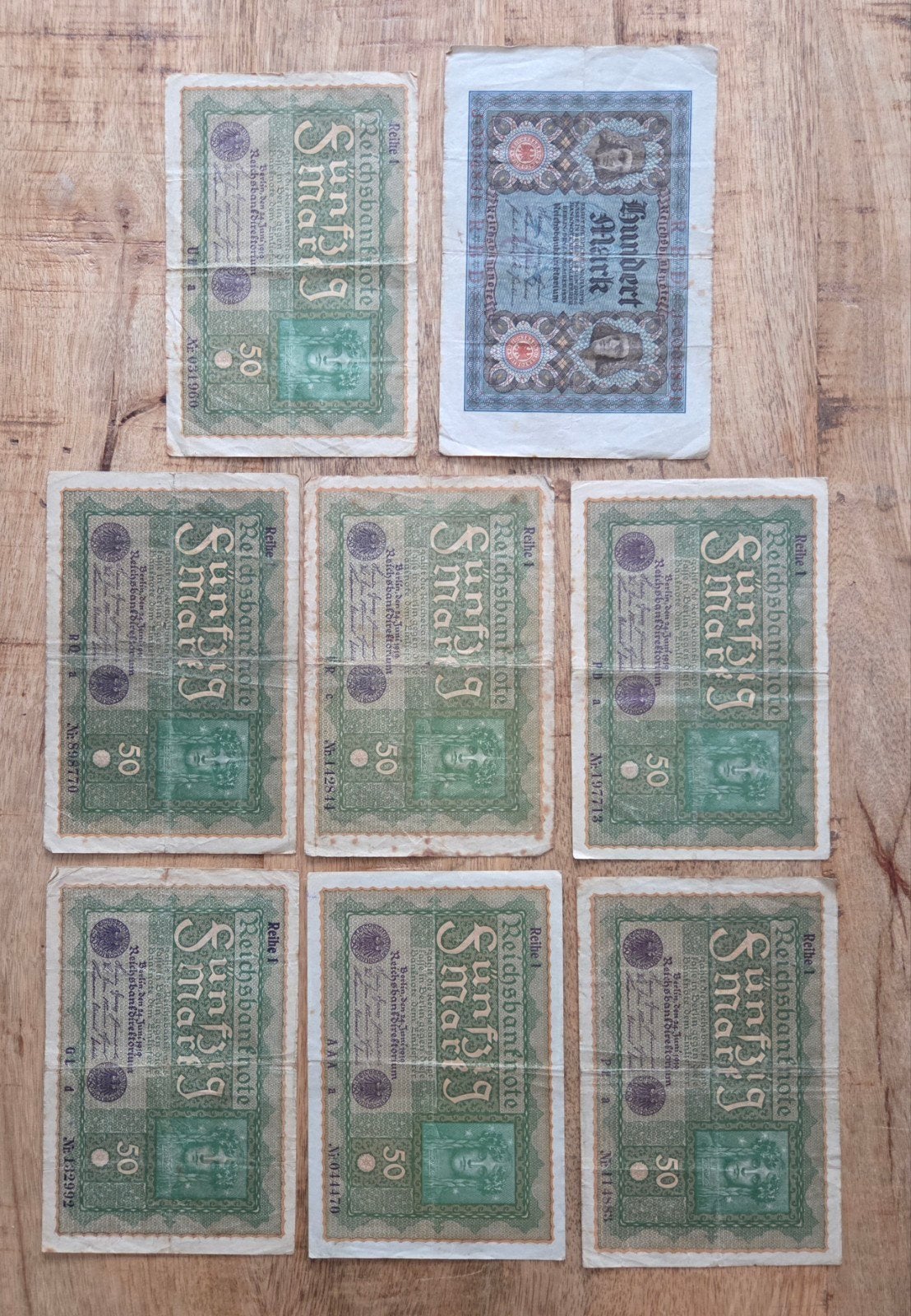 7x 50 Mark 1919, 1x 100 Mark 1920, Ophalen of Verzenden, Duitsland