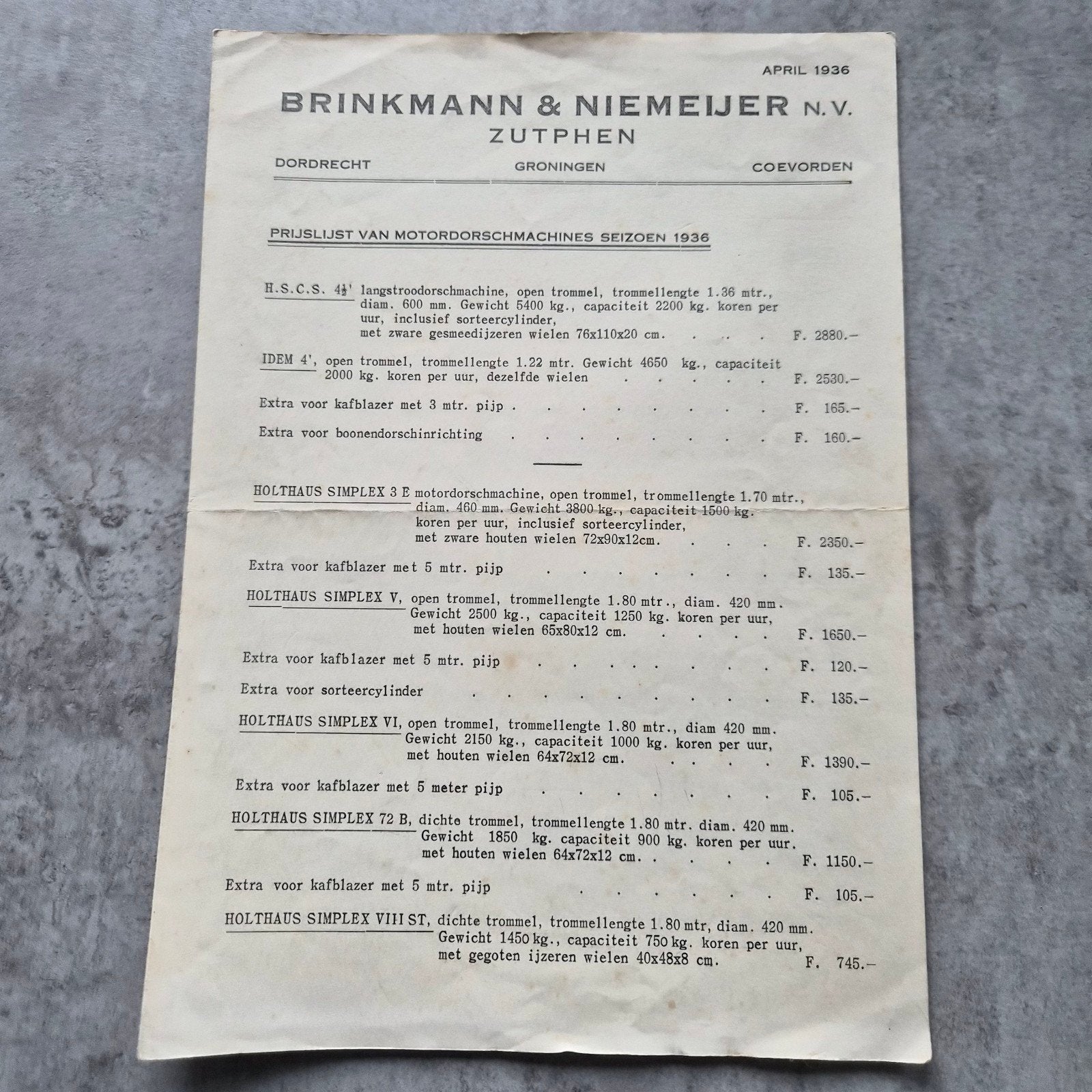 Historische Prijslijst Dorsmachines Brinkmann & Niemeyer, Ophalen of Verzenden