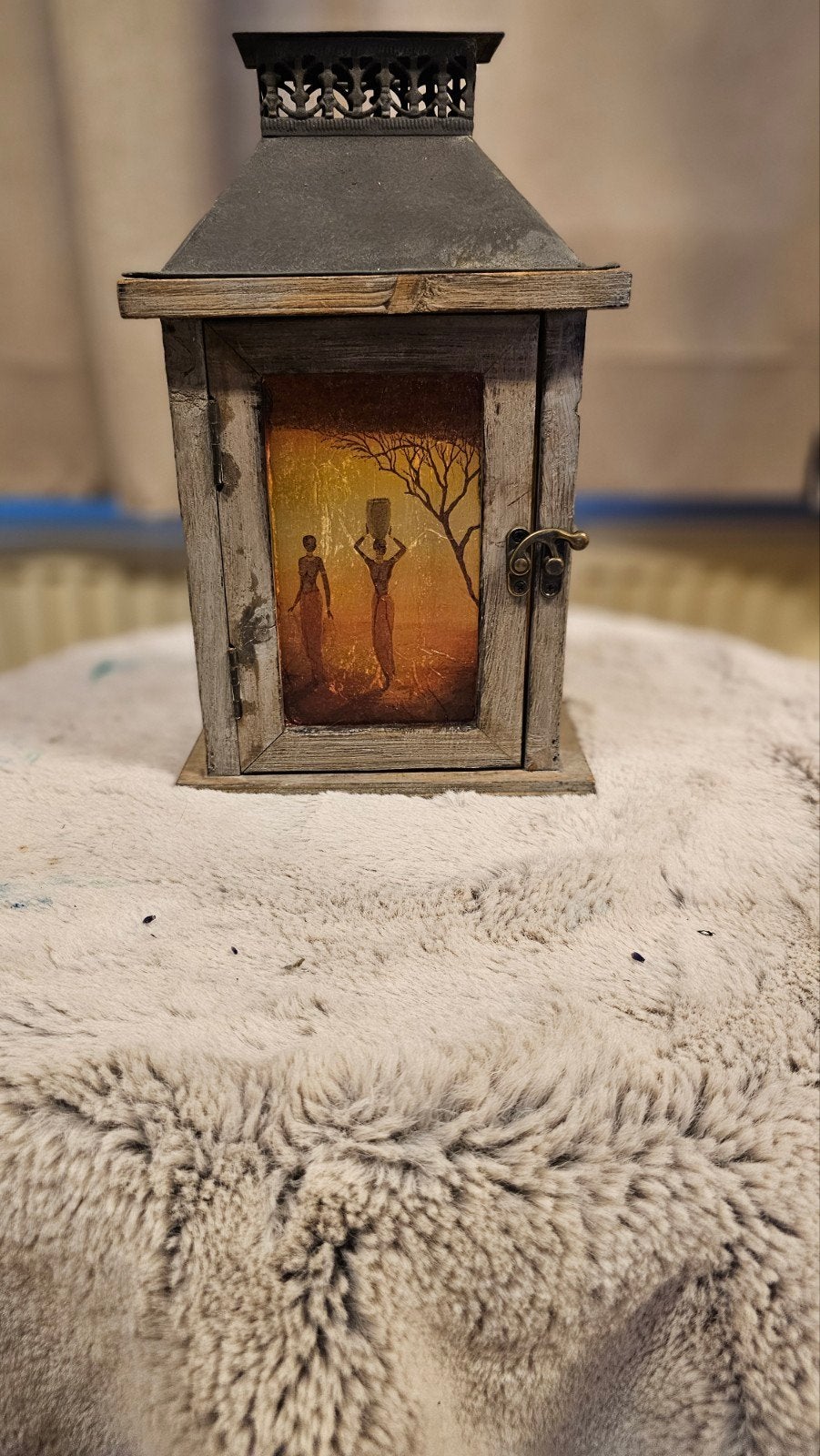 Decoratieve lantaarn met Afrikaans tafereel, Hout, Gebruikt, Ophalen of Verzenden, Oosters