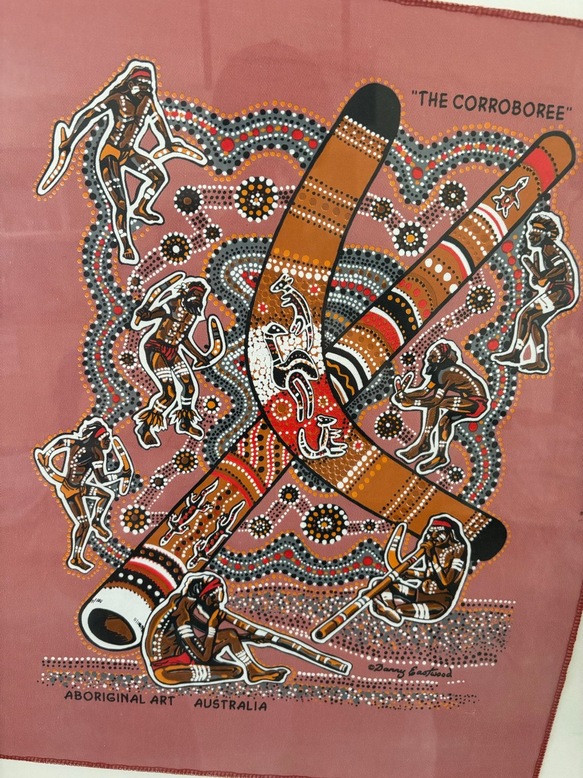 Aboriginal kunstwerk "The Corroboree" ingelijst, Antiek en Kunst, Kunst | Niet-Westerse kunst, Ophalen, Wanddecoratie, Textiel