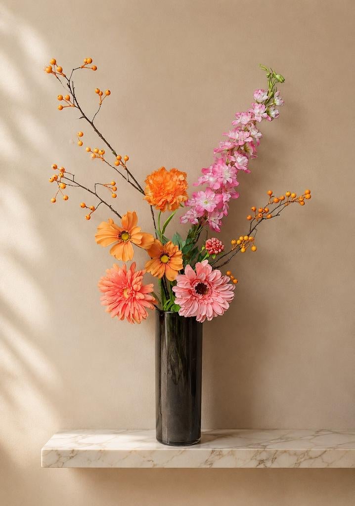 Silk-ka Zijden Bloemboeket Roze Oranje Ridderspoor Bessentak, Inclusief kunstbloemen, Binnen, Silk-ka, Ophalen of Verzenden